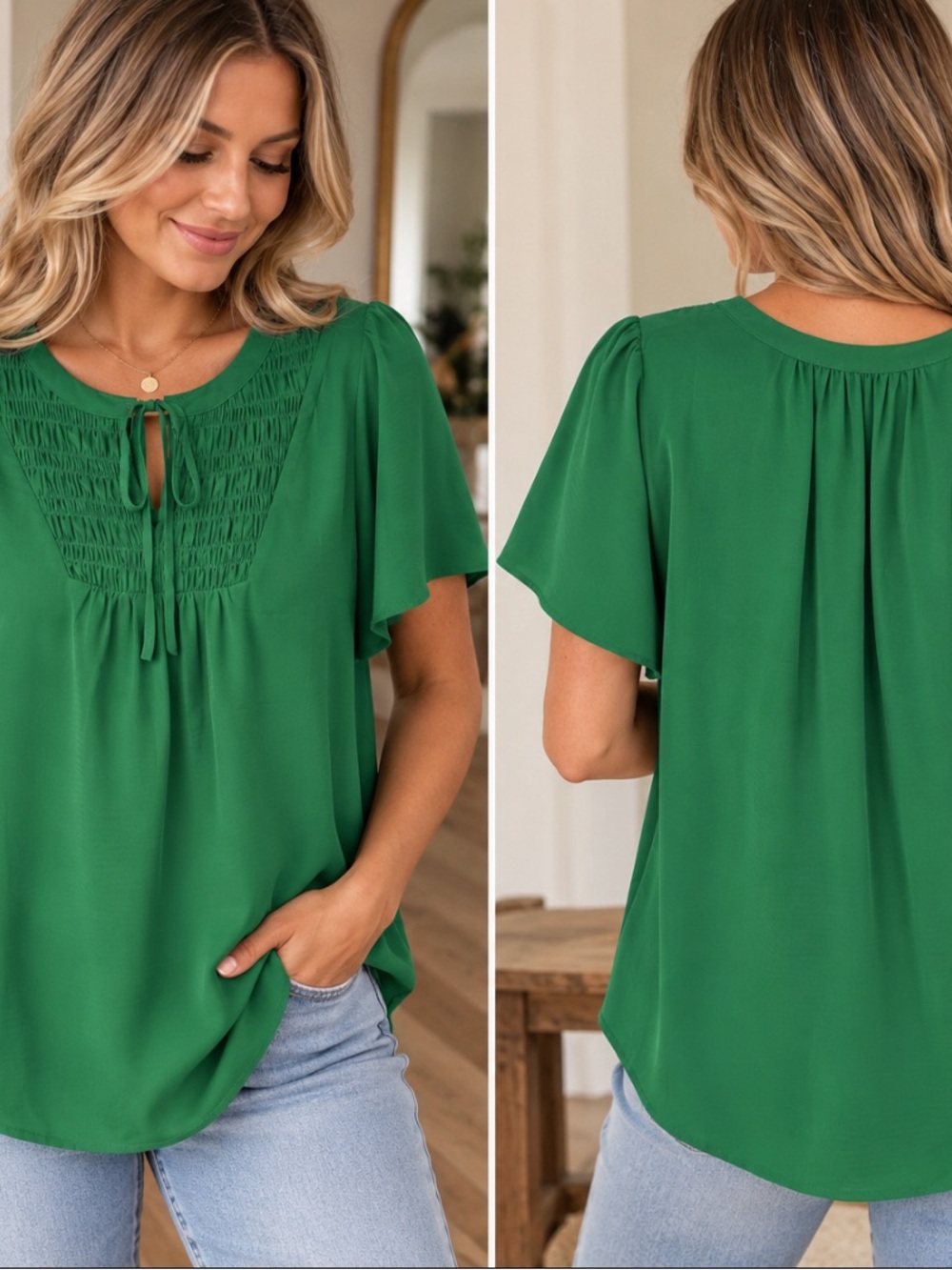 Casual Green Smocked Flutter-Sleeve Top